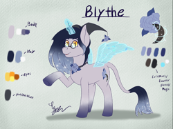 Size: 2732x2048 | Tagged: safe, artist:diamond06mlp, derpibooru import, oc, oc only, unicorn, artificial wings, augmented, ethereal mane, glasses, glowing, glowing horn, horn, magic, magic wings, raised hoof, raised leg, reference sheet, signature, solo, starry mane, unicorn oc, wings