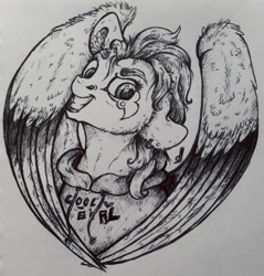 Size: 1033x1080 | Tagged: safe, artist:skior, derpibooru import, oc, pegasus, pony, clothes, colored wings, hoodie, monochrome, solo, traditional art, two toned wings, wings