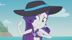 Size: 3410x1920 | Tagged: safe, derpibooru import, screencap, rarity, better together, equestria girls, lost and found, belly button, bikini, clothes, female, geode of shielding, hairpin, high res, jewelry, magical geodes, necklace, sleeveless, solo, swimsuit