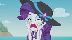 Size: 3410x1920 | Tagged: safe, derpibooru import, screencap, rarity, better together, equestria girls, lost and found, clothes, eyes closed, female, geode of shielding, high res, jewelry, magical geodes, marshmelodrama, my ear was naked, necklace, open mouth, rarity being rarity, solo, swimsuit