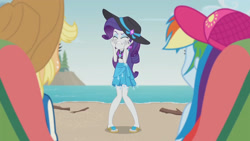 Size: 3410x1920 | Tagged: safe, derpibooru import, screencap, applejack, rainbow dash, rarity, better together, equestria girls, lost and found, applejack's hat, beach, belly button, cap, clothes, cowboy hat, eyes closed, female, geode of shielding, hat, high res, jewelry, lounge chair, magical geodes, necklace, sandals, sarong, swimsuit