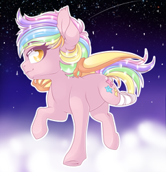 Size: 2438x2514 | Tagged: safe, artist:schokocream, derpibooru import, oc, oc only, oc:paper stars, bat pony, pony, amputee, bat pony oc, bat wings, ethereal mane, female, flying, mare, multicolored hair, outdoors, rainbow hair, solo, starry mane, wings