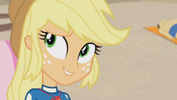 Size: 3410x1920 | Tagged: safe, derpibooru import, screencap, applejack, better together, equestria girls, lost and found, applejack's hat, beach, clothes, cowboy hat, female, geode of super strength, hat, high res, jewelry, lip bite, lounge chair, magical geodes, necklace, solo, swimsuit