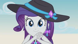 Size: 3410x1920 | Tagged: safe, derpibooru import, screencap, rarity, better together, equestria girls, lost and found, belly button, clothes, cute, female, geode of shielding, hat, high res, jewelry, magical geodes, necklace, raribetes, smiling, solo, sun hat, swimsuit