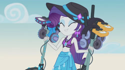 Size: 3410x1920 | Tagged: safe, derpibooru import, screencap, rarity, better together, equestria girls, lost and found, belly button, clothes, cute, eyes closed, female, geode of shielding, hat, high res, jewelry, magical geodes, metal detector, necklace, raribetes, sarong, smiling, solo, sun hat, swimsuit