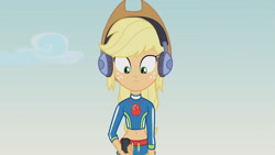 Size: 3410x1920 | Tagged: safe, derpibooru import, screencap, applejack, better together, equestria girls, lost and found, applejack's hat, clothes, cowboy hat, female, geode of super strength, hat, headphones, high res, jewelry, magical geodes, metal detector, midriff, necklace, sleeveless, solo, swimsuit