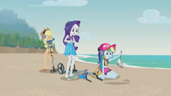 Size: 3410x1920 | Tagged: safe, derpibooru import, screencap, applejack, rainbow dash, rarity, better together, equestria girls, lost and found, applejack's hat, beach, belly button, cap, clothes, cowboy hat, female, geode of shielding, geode of super speed, geode of super strength, hat, headphones, high res, ice skates, jewelry, magical geodes, metal detector, necklace, open mouth, sandals, sarong, sleeveless, swimsuit
