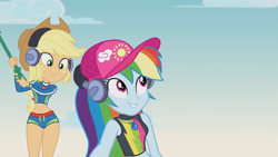 Size: 3410x1920 | Tagged: safe, derpibooru import, screencap, applejack, rainbow dash, better together, equestria girls, lost and found, applejack's hat, belly button, cap, clothes, cowboy hat, female, geode of super speed, geode of super strength, hat, headphones, high res, jewelry, magical geodes, midriff, necklace, sleeveless, smiling, swimsuit
