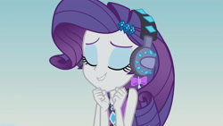 Size: 3410x1920 | Tagged: safe, derpibooru import, screencap, rarity, better together, equestria girls, lost and found, clothes, eyes closed, female, geode of shielding, hairpin, headphones, high res, jewelry, lip bite, magical geodes, necklace, solo, swimsuit