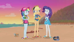 Size: 3410x1920 | Tagged: safe, derpibooru import, screencap, applejack, rainbow dash, rarity, better together, equestria girls, lost and found, applejack's hat, beach, belly button, cap, clothes, cowboy hat, female, geode of shielding, geode of super speed, geode of super strength, hairpin, hand on hip, hat, headphones, high res, jewelry, magical geodes, midriff, necklace, sandals, sarong, smiling, swimsuit