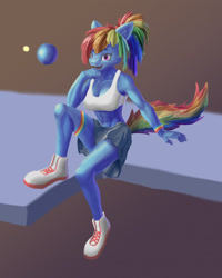 Size: 1122x1405 | Tagged: safe, artist:futuretankcrc, derpibooru import, rainbow dash, anthro, abs, clothes, ponytail, shoes, simple background, skirt, sports bra, wristband