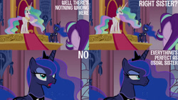 Size: 1280x720 | Tagged: safe, derpibooru import, edit, edited screencap, editor:quoterific, screencap, princess celestia, princess luna, starlight glimmer, alicorn, pony, unicorn, a royal problem, season 7, celestia is not amused, crown, denial's not just a river in egypt, ethereal mane, eyeshadow, fake smile, female, flowing mane, glare, hoof shoes, jewelry, luna is not amused, makeup, mare, multicolored mane, narrowed eyes, open mouth, pouting, raised hoof, raised leg, regalia, royal sisters, sarcasm, siblings, sisters, smiling, throne, throne room, unamused