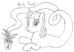 Size: 1132x794 | Tagged: safe, artist:parclytaxel, derpibooru import, twilight velvet, genie pony, pony, unicorn, series:nightliner, female, genie, lineart, looking at you, lying down, mare, monochrome, pencil drawing, pointing, potted plant, prone, smiling, solo, traditional art