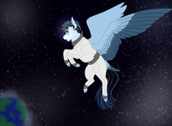 Size: 3186x2350 | Tagged: safe, artist:inisealga, derpibooru import, oc, oc only, oc:soaring spirit, pegasus, pony, earth, glasses, male, pegasus oc, planet, solo, space, spacesuit, spread wings, stallion, stars, wings