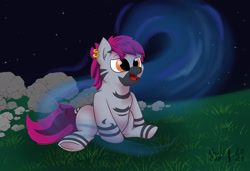 Size: 1920x1310 | Tagged: safe, artist:khaki-cap, derpibooru import, oc, oc only, oc:zjin-wolfwalker, zebra, cute, digital art, ear piercing, earring, female, filly, grass, grass field, jewelry, night, piercing, rock, signature, smiling, solo, spirit, zebra oc