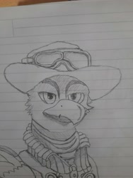 Size: 3000x4000 | Tagged: safe, artist:bartmagus, artist:mustaphatr, derpibooru import, oc, oc only, oc:virgil, griffon, equestria at war mod, clothes, goggles, hat, lined paper, solo, traditional art