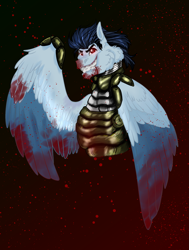 Size: 1779x2350 | Tagged: safe, artist:inisealga, derpibooru import, oc, oc only, oc:soaring spirit, pegasus, pony, abstract background, armor, blood, doom, doomguy, gradient background, male, pegasus oc, red eyes, solo, spread wings, stallion, wing brace, wings