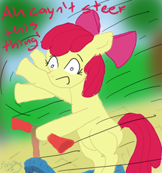 Size: 864x925 | Tagged: safe, artist:theantifamouskuro, derpibooru import, apple bloom, earth pony, pony, bipedal, female, filly, open mouth, scooter, solo, text