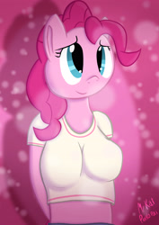 Size: 2480x3508 | Tagged: safe, alternate version, artist:mrkat7214, derpibooru import, pinkie pie, anthro, earth pony, breasts, clothes, female, hands behind back, high res, pinkie pies, smiling, solo