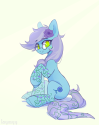 Size: 3534x4472 | Tagged: safe, artist:laymy, derpibooru import, oc, oc only, oc:linum, earth pony, pony, abstract background, female, flower, flower in hair, glasses, green eyes, looking at you, mare, no pupils, signature, sitting, smiling, smiling at you, solo