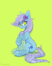 Size: 3534x4472 | Tagged: safe, artist:laymy, derpibooru import, oc, oc only, oc:linum, earth pony, pony, female, flower, flower in hair, glasses, green background, green eyes, looking at you, mare, no pupils, signature, simple background, sitting, smiling, smiling at you, solo