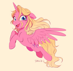 Size: 2082x2019 | Tagged: safe, artist:imalou, derpibooru import, oc, oc only, alicorn, pony, alicorn oc, female, flying, happy, looking at you, mare, open mouth, open smile, simple background, smiling, smiling at you, spread wings, wings