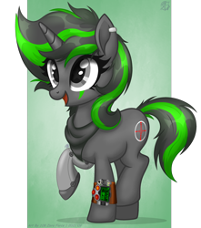 Size: 3168x3580 | Tagged: safe, alternate version, artist:108-zeroforce, artist:starshade, derpibooru import, oc, oc:steady shot, pony, unicorn, fallout equestria, amputee, bandana, base used, commission, face paint, female, horn, mare, metal leg, piercing, pipbuck, prosthetic leg, prosthetic limb, prosthetics, raised leg, simple background, smiling, solo, unicorn oc, ych result