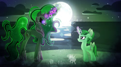 Size: 900x502 | Tagged: safe, artist:nivimonster, derpibooru import, oc, oc:hollow emotion, oc:nivi alien, unicorn, duality, female, magic, mare, moon, nightmarified