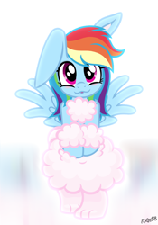 Size: 700x1000 | Tagged: safe, artist:nxzc88, derpibooru import, rainbow dash, hybrid, pegasus, pony, rabbit, :3, bipedal, blushing, bright background, bunnified, cute, daaaaaaaaaaaw, dashabetes, ears, floppy ears, fluffy, looking at you, one ear down, paws, signature, smiling, smiling at you, solo, species swap, spread wings, wings