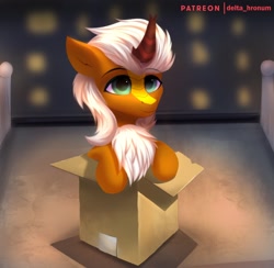 Size: 1620x1584 | Tagged: safe, artist:delta hronum, derpibooru import, oc, oc only, kirin, pony, box, chest fluff, kirin oc, pony in a box, solo