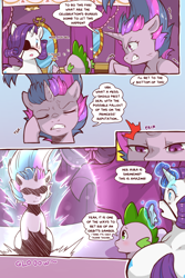 Size: 960x1440 | Tagged: safe, artist:cold-blooded-twilight, derpibooru import, rarity, spike, twilight sparkle, dragon, comic:cold storm, angry, cold blooded twilight, comic, dialogue, eyepatch, eyes closed, eyeshadow, glowing, glowing horn, gritted teeth, horn, magic, magic aura, makeup, messy mane, speech bubble, vein, vein bulge, wide eyes, wide hips