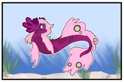 Size: 1280x854 | Tagged: safe, artist:catastrophe-witch, derpibooru import, oc, oc only, seapony (g4), blue eyes, dorsal fin, female, fish tail, flowing tail, ocean, open mouth, pink mane, sand, seaweed, solo, swimming, tail, underwater, water