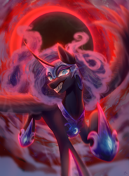 Size: 3929x5340 | Tagged: safe, artist:mian1205, derpibooru import, nightmare moon, alicorn, pony, blood moon, blue eyes, blue mane, blue tail, colored pupils, contest entry, curved horn, ethereal mane, evil grin, eyelashes, fangs, feather, female, flowing mane, flowing tail, flying, grin, helmet, high res, hoof shoes, horn, looking at you, moon, moonlight, sharp teeth, signature, smiling, smiling at you, solo, starry mane, stars, tail, teeth, wings