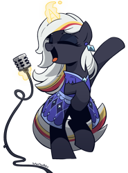Size: 1600x2165 | Tagged: safe, artist:topaythebills, derpibooru import, oc, oc only, oc:velvet remedy, pony, unicorn, fallout equestria, clothes, dress, female, glowing, glowing horn, horn, magic, magic aura, mare, microphone, open mouth, open smile, simple background, singing, smiling, solo, telekinesis, transparent background, unicorn oc