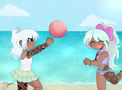 Size: 1899x1400 | Tagged: safe, artist:franshushu, derpibooru import, cloudchaser, flitter, human, alternate hairstyle, ball, beach, bikini, blushing, bow, bracelet, clothes, commission, dark skin, duo, ear piercing, earring, female, hair bow, humanized, jewelry, ocean, open mouth, piercing, sand, siblings, sisters, sports bra, swimsuit, tattoo, twins, water