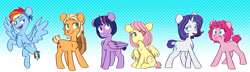 Size: 6546x1876 | Tagged: safe, artist:chub-wub, derpibooru import, applejack, fluttershy, pinkie pie, rainbow dash, rarity, twilight sparkle, twilight sparkle (alicorn), alicorn, earth pony, pegasus, pony, unicorn, alternate hairstyle, applejack's hat, bob cut, bobcut, clothes, cowboy hat, female, hat, mane six, mare