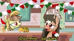 Size: 1280x720 | Tagged: safe, artist:archooves, derpibooru import, edit, oc, oc:sonorita, oc:tailcoatl, earth pony, pegasus, pony, alcohol, beer, drunk, food, heat, kitchen, mexican, mexico, nation ponies, party, ponified, spanish, taco