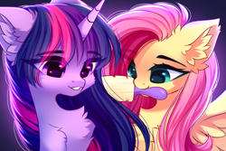 Size: 4932x3300 | Tagged: safe, artist:airiniblock, derpibooru import, fluttershy, twilight sparkle, unicorn twilight, pegasus, pony, unicorn, brush, brushing mane, cheek fluff, chest fluff, cute, duo, duo female, ear fluff, ears, eye clipping through hair, eyebrows, eyebrows visible through hair, female, gradient background, hairbrush, high res, horn, looking at someone, mare, mouth hold, ookin down, purple eyes, rcf community, shyabetes, smiling, spread wings, teal eyes, teeth, twiabetes, wings