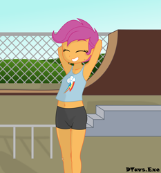Size: 5598x6000 | Tagged: safe, artist:dtavs.exe, scootaloo, equestria girls, bandaid, bike shorts, child, show accurate, skatepark, solo, tanktop