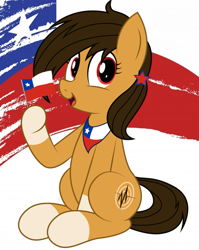 Size: 815x1024 | Tagged: safe, artist:an-tonio, oc, oc only, oc:chilenia, earth pony, pony, bandana, chile, coat markings, female, flag, happy, holding, looking at you, mare, nation ponies, open mouth, ponified, sitting, smiling, socks (coat marking), solo