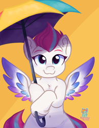 Size: 2600x3325 | Tagged: safe, artist:rainbow eevee, zipp storm, pegasus, pony, :3, belly button, bipedal, blue eyes, chest fluff, cloven hooves, colored wings, digital art, eyebrows, female, grin, looking at you, mare, medibang paint, orange background, simple background, smiling, smiling at you, solo, spread wings, two toned mane, umbrella, white coat