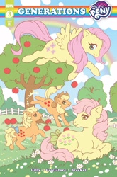 Size: 1349x2048 | Tagged: safe, artist:samantha whitten, derpibooru import, idw, applejack, applejack (g1), fluttershy, posey, earth pony, pegasus, pony, g1, spoiler:comic, spoiler:comicgenerations03, cover, duality, g4 to g1, generation leap, generational ponidox