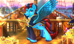 Size: 2000x1200 | Tagged: safe, artist:darksly, derpibooru import, oc, oc only, oc:andrew swiftwing, pegasus, clothes, commission, crepuscular rays, gold, looking at you, male, ocean, pegasus oc, pirate ship, smiling, solo, sword, treasure chest, weapon