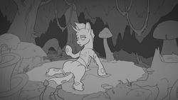 Size: 3840x2160 | Tagged: safe, artist:cocaine, derpibooru import, changeling, commission, confused, forest, lineart, monochrome, moss, mushroom, tree, waking up, wip