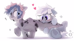 Size: 2048x1148 | Tagged: safe, artist:frisitea_cakes, artist:mochi_nation, derpibooru import, oc, oc only, oc:frisi, oc:silver bolt, earth pony, pony, duo, exclamation point, eye clipping through hair, heart eyes, hug, personal space invasion, simple background, tail, tail hug, underhoof, white background, wingding eyes