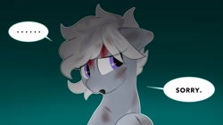 Size: 2048x1148 | Tagged: safe, artist:mochi_nation, derpibooru import, oc, oc only, oc:silver bolt, earth pony, pony, ..., blood, bust, dialogue, gradient background, injured, singed, solo, speech bubble, this ended in explosions