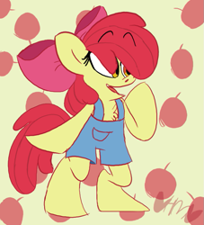 Size: 725x800 | Tagged: safe, artist:mirabuncupcakes15, derpibooru import, apple bloom, earth pony, semi-anthro, apple, bipedal, chest fluff, clothes, female, filly, food, overalls, solo