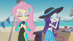 Size: 3410x1920 | Tagged: safe, derpibooru import, screencap, fluttershy, rarity, crab, better together, equestria girls, too hot to handle, beach, clothes, eyes closed, female, geode of fauna, geode of shielding, hairpin, high res, jewelry, magical geodes, necklace, open mouth, sleeveless, smiling, swimsuit, wetsuit