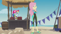 Size: 3410x1920 | Tagged: safe, derpibooru import, screencap, fluttershy, rainbow dash, better together, equestria girls, too hot to handle, beach, clothes, eyes closed, female, geode of super speed, high res, jewelry, magical geodes, necklace, sleeveless, smiling, swimsuit, thumbs up, wetsuit