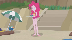 Size: 3410x1920 | Tagged: safe, derpibooru import, screencap, pinkie pie, better together, equestria girls, too hot to handle, barefoot, beach, clothes, feet, female, high res, hotfoot, one-piece swimsuit, pinkie pie swimsuit, sleeveless, solo, swimsuit